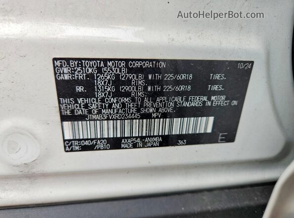 JTMAB3FVXRD234445 2024 TOYOTA RAV4 White VIN կոդի պիտակի տեսք