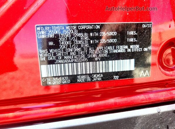 JTMABABA4PA032495 2023 SUBARU SOLTERRA Red Սալոնի 360 աստիճան տեսք