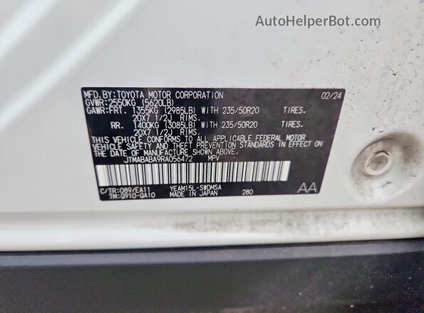 JTMABABA9RA056472 2024 SUBARU SOLTERRA White VIN კოდის სტიკერის ხედი