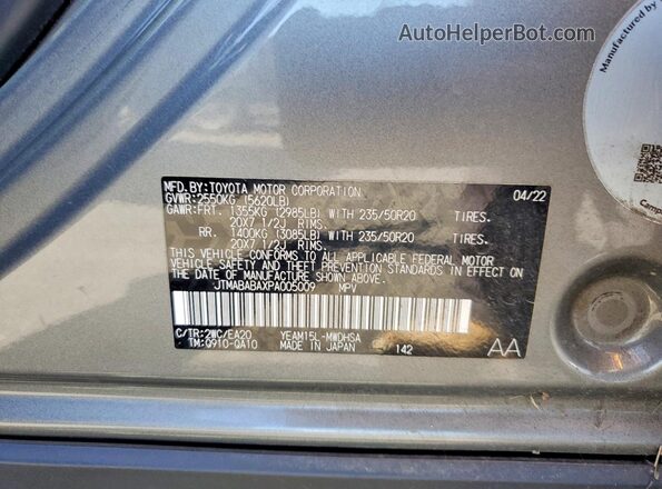 JTMABABAXPA005009 2023 TOYOTA BZ4X Gray VIN კოდის სტიკერის ხედი