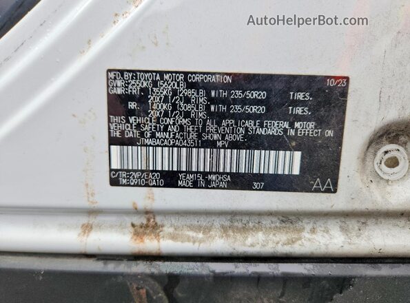 JTMABACA0PA043511 2023 TOYOTA BZ4X White Widok naklejki z numerem VIN
