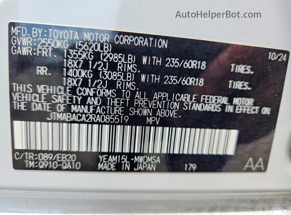 JTMABACA2RA085519 2024 TOYOTA BZ4X White VIN კოდის სტიკერის ხედი