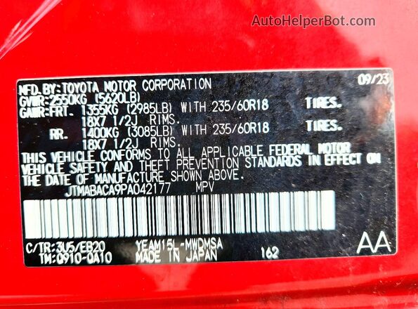 JTMABACA9PA042177 2023 TOYOTA BZ4X Red VIN კოდის სტიკერის ხედი