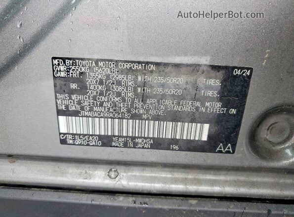 JTMABACA9RA064182 2024 TOYOTA BZ4X Gray Widok naklejki z numerem VIN