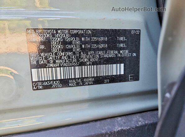 JTMB6RFV5ND069667 2022 TOYOTA RAV4 Green Вид наклейки з VIN-кодом