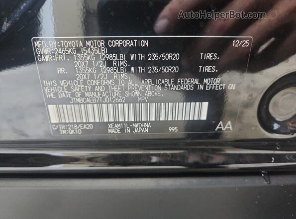 JTMBCAEB7TJ012662 2026 TOYOTA BZ Black Vista de la etiqueta del VIN
