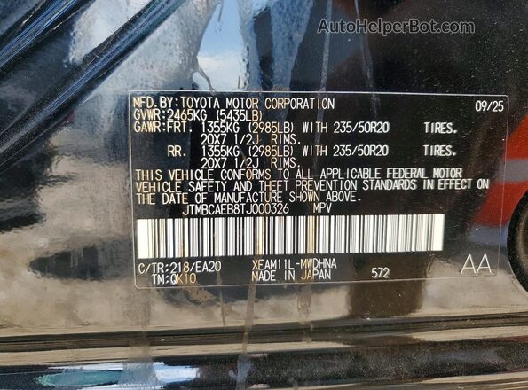 JTMBCAEB8TJ000326 2026 TOYOTA BZ Black Vista de la etiqueta del VIN