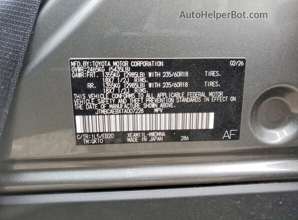 JTMBCAEBXTA007228 2026 TOYOTA BZ Gray Vista de la etiqueta del VIN