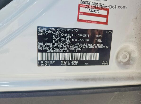 JTMBCAEBXTJ007147 2026 TOYOTA BZ White Widok naklejki z numerem VIN