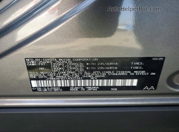 JTMBDAFB2TA002343 2026 TOYOTA BZ Gray Vista de la etiqueta del VIN