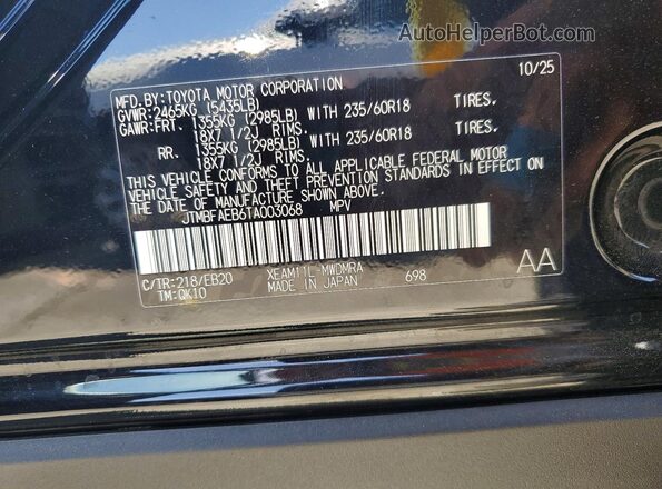 JTMBFAEB6TA003068 2026 TOYOTA BZ Black VIN sticker view