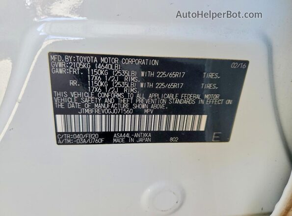 JTMBFREV0GJ071560 2016 TOYOTA RAV4 White Widok komory silnika