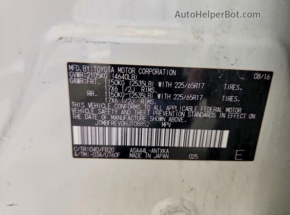 JTMBFREV0HJ108852 2017 TOYOTA RAV4 White VIN կոդի պիտակի տեսք