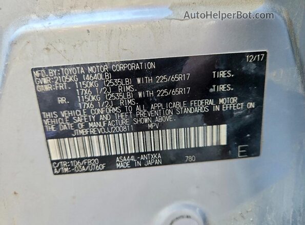 JTMBFREV0JJ200811 2018 TOYOTA RAV4 Silver VIN կոդի պիտակի տեսք