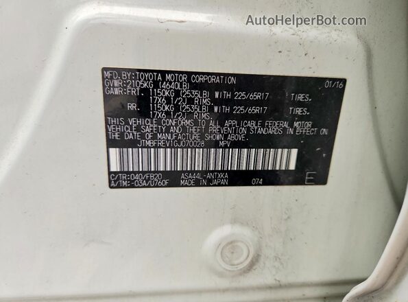 JTMBFREV1GJ070028 2016 TOYOTA RAV4 White VIN sticker view