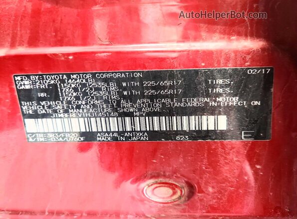 JTMBFREV1HJ145148 2017 TOYOTA RAV4 Red Շարժիչի բաժամունքի տեսք