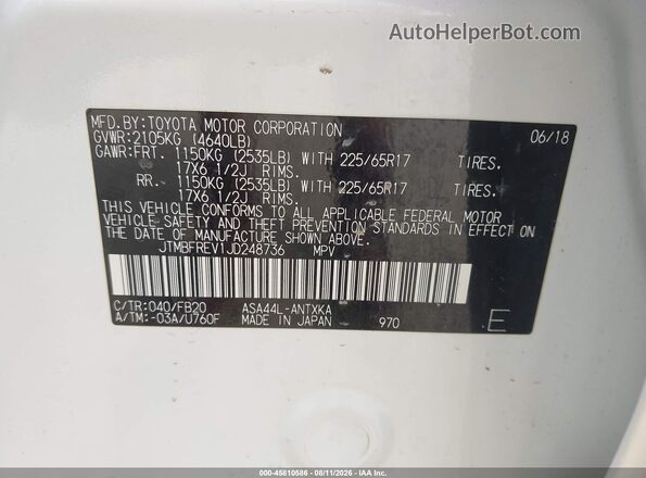 JTMBFREV1JD248736 2018 TOYOTA RAV4 White Vista del compartimento del motor