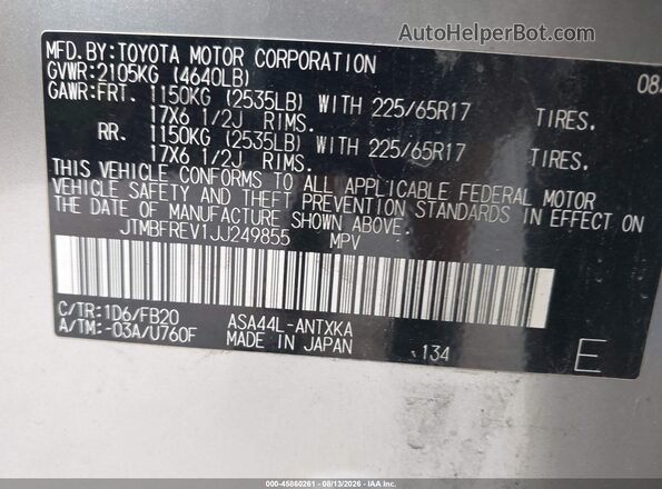 JTMBFREV1JJ249855 2018 TOYOTA RAV4 Silver Вид підкапотного простору