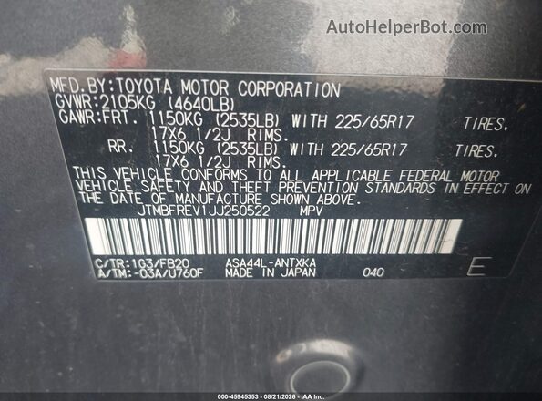 JTMBFREV1JJ250522 2018 TOYOTA RAV4 Gray Vista de la etiqueta del VIN