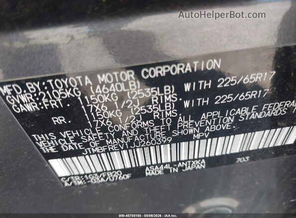 JTMBFREV1JJ260399 2018 TOYOTA RAV4 Gray Widok komory silnika