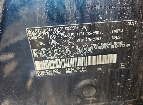 JTMBFREV2HD219742 2017 TOYOTA RAV4 Blue Widok naklejki z numerem VIN