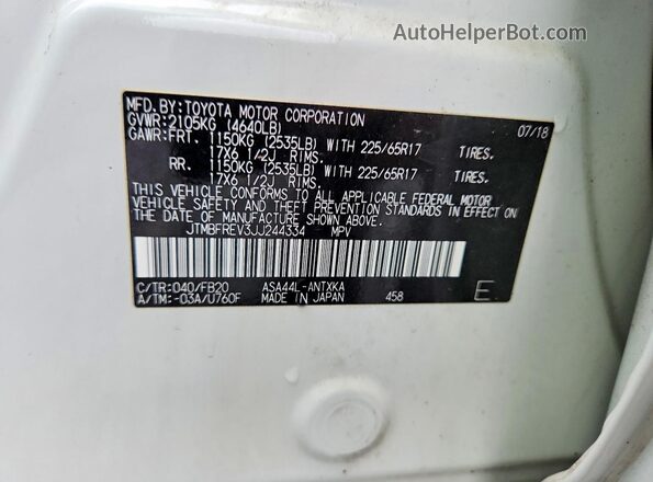 JTMBFREV3JJ244334 2018 TOYOTA RAV4 White Vista de la etiqueta del VIN
