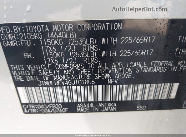 JTMBFREV4GJ101806 2016 TOYOTA RAV4 White Vista del compartimento del motor