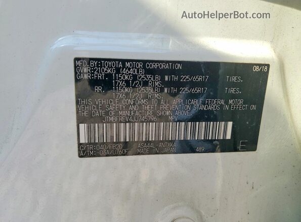 JTMBFREV4JJ745796 2018 TOYOTA RAV4 Белый Вид наклейки с VIN-кодом