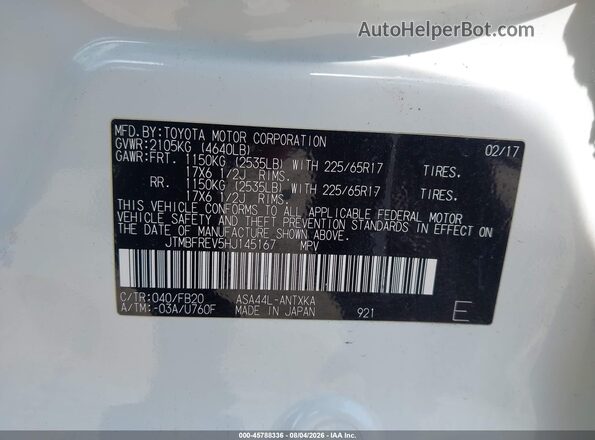 JTMBFREV5HJ145167 2017 TOYOTA RAV4 White ძრავის განყოფილების ხედი