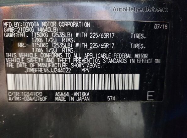 JTMBFREV6JJ244022 2018 TOYOTA RAV4 Серый Вид наклейки с VIN-кодом