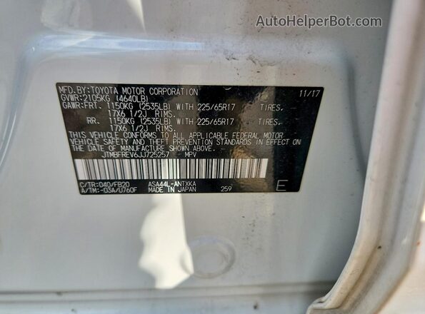 JTMBFREV6JJ725257 2018 TOYOTA RAV4 White VIN կոդի պիտակի տեսք