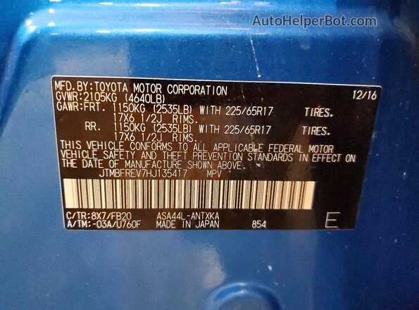 JTMBFREV7HJ135417 2017 TOYOTA RAV4 Blue Вид наклейки з VIN-кодом
