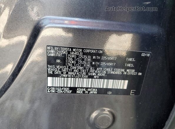 JTMBFREV7JJ213068 2018 TOYOTA RAV4 Gray Vista de la etiqueta del VIN