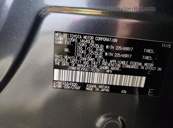 JTMBFREV9GD178279 2016 TOYOTA RAV4 Gray VIN კოდის სტიკერის ხედი