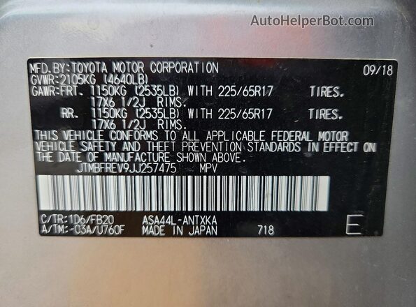 JTMBFREV9JJ257475 2018 TOYOTA RAV4 Silver Vista de la etiqueta del VIN