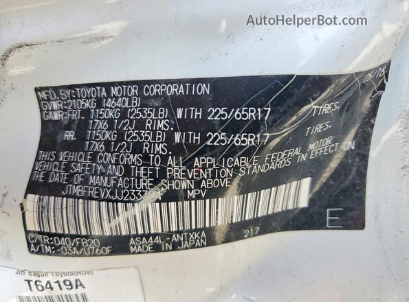 JTMBFREVXJJ233394 2018 TOYOTA RAV4 White Vista de la etiqueta del VIN