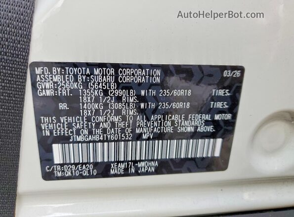 JTMBGAHB4TY601532 2026 TOYOTA BZ White Widok naklejki z numerem VIN