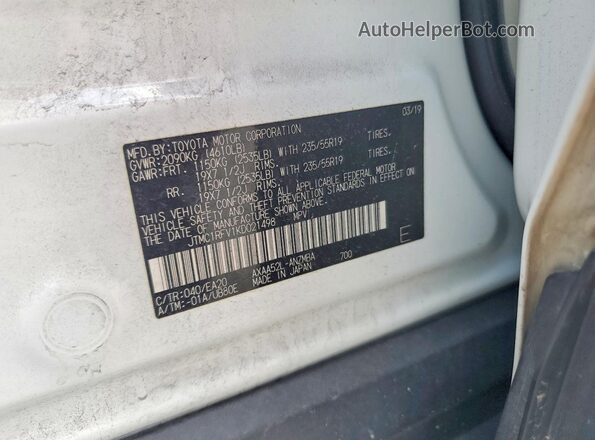 JTMC1RFV1KD021498 2019 TOYOTA RAV4 White VIN კოდის სტიკერის ხედი