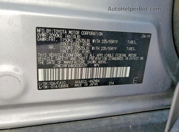 JTMC1RFV4KD030339 2019 TOYOTA RAV4 Gray Vista de la etiqueta del VIN