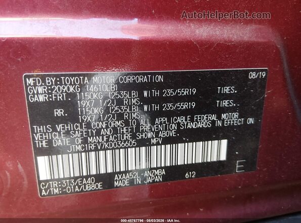 JTMC1RFV7KD036605 2019 TOYOTA RAV4 Red Շարժիչի բաժամունքի տեսք