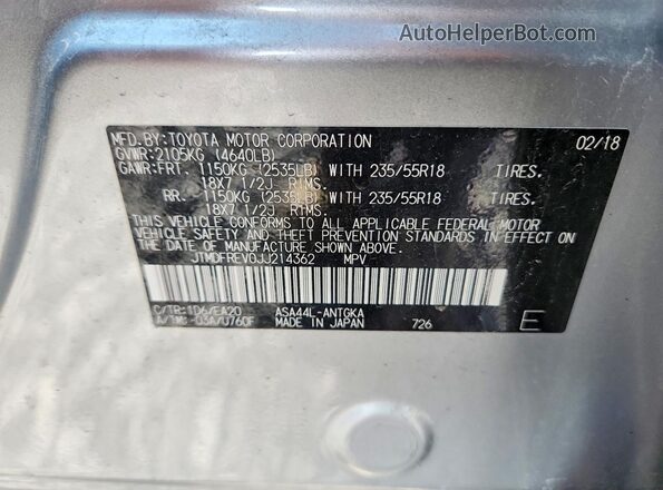 JTMDFREV0JJ214362 2018 TOYOTA RAV4 Silver VIN sticker view