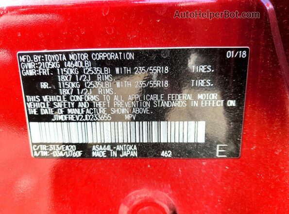 JTMDFREV2JD233655 2018 TOYOTA RAV4 Red VIN sticker view