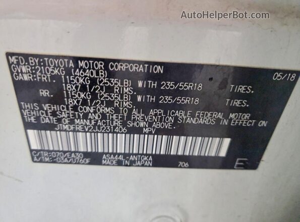JTMDFREV2JJ231406 2018 TOYOTA RAV4 White Vista de la etiqueta del VIN