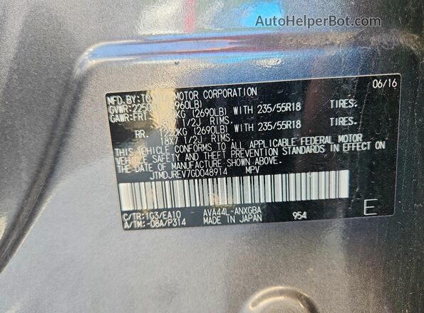 JTMDJREV7GD048914 2016 TOYOTA RAV4 Gray Вид наклейки з VIN-кодом