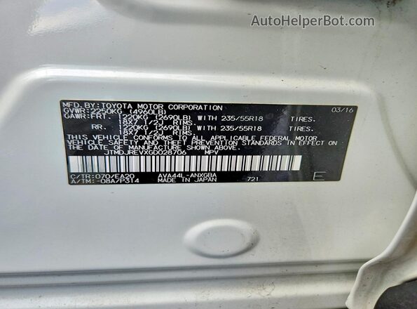JTMDJREVXGD028706 2016 TOYOTA RAV4 White VIN sticker view