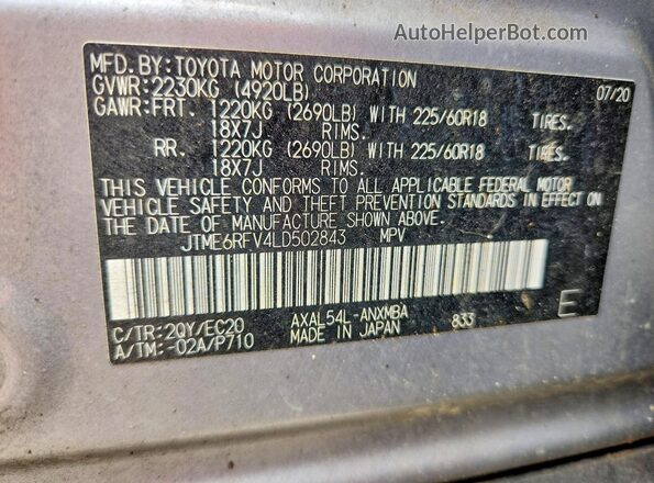 JTME6RFV4LD502843 2020 TOYOTA RAV4 Silver VIN sticker view