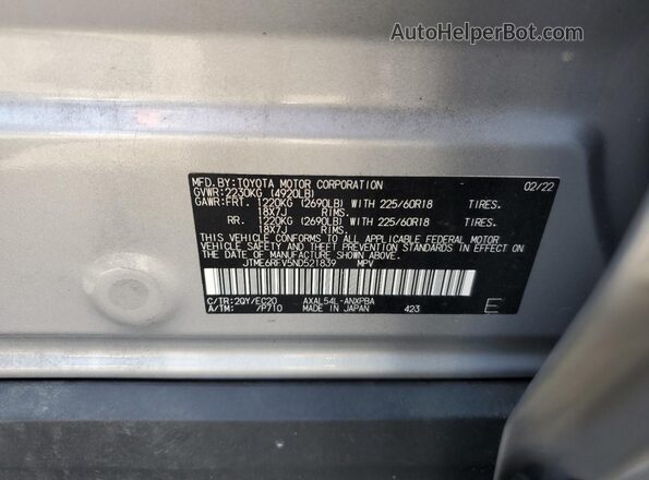 JTME6RFV5ND521839 2022 TOYOTA RAV4 Silver Widok naklejki z numerem VIN