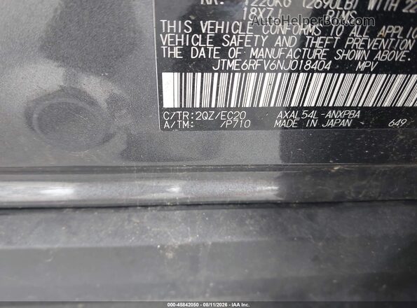 JTME6RFV6NJ018404 2022 TOYOTA RAV4 HYBRID Gray Вид підкапотного простору