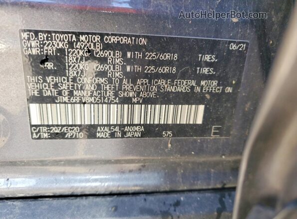 JTME6RFV8MD514754 2021 TOYOTA RAV4 Gray Widok naklejki z numerem VIN