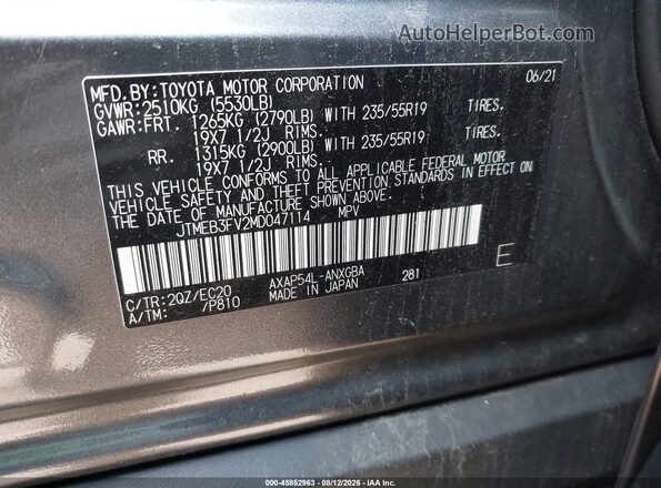 JTMEB3FV2MD047114 2021 TOYOTA RAV4 PRIME Gray ძრავის განყოფილების ხედი